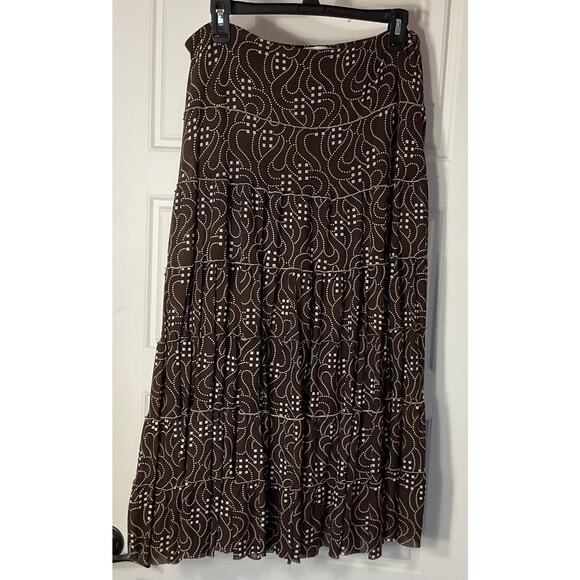 Studio M Brown & Bone Elastic Waist Tiered Midi Lined Boho Cottage Skirt S - Picture 1 of 8